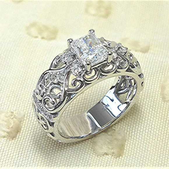 ▶NEW DIAMOND DAINTY RADIANT CUT CARVED 925 STERLING SILVER ETERNITY RING, K997 main image 0